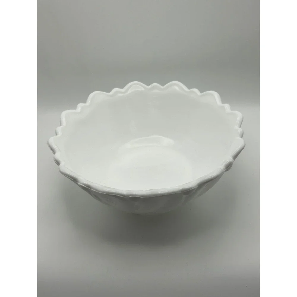 Vintage‎ White Milk Glass Footed Bowl Embossed Leaf Flower Serving Bowl 8.5 